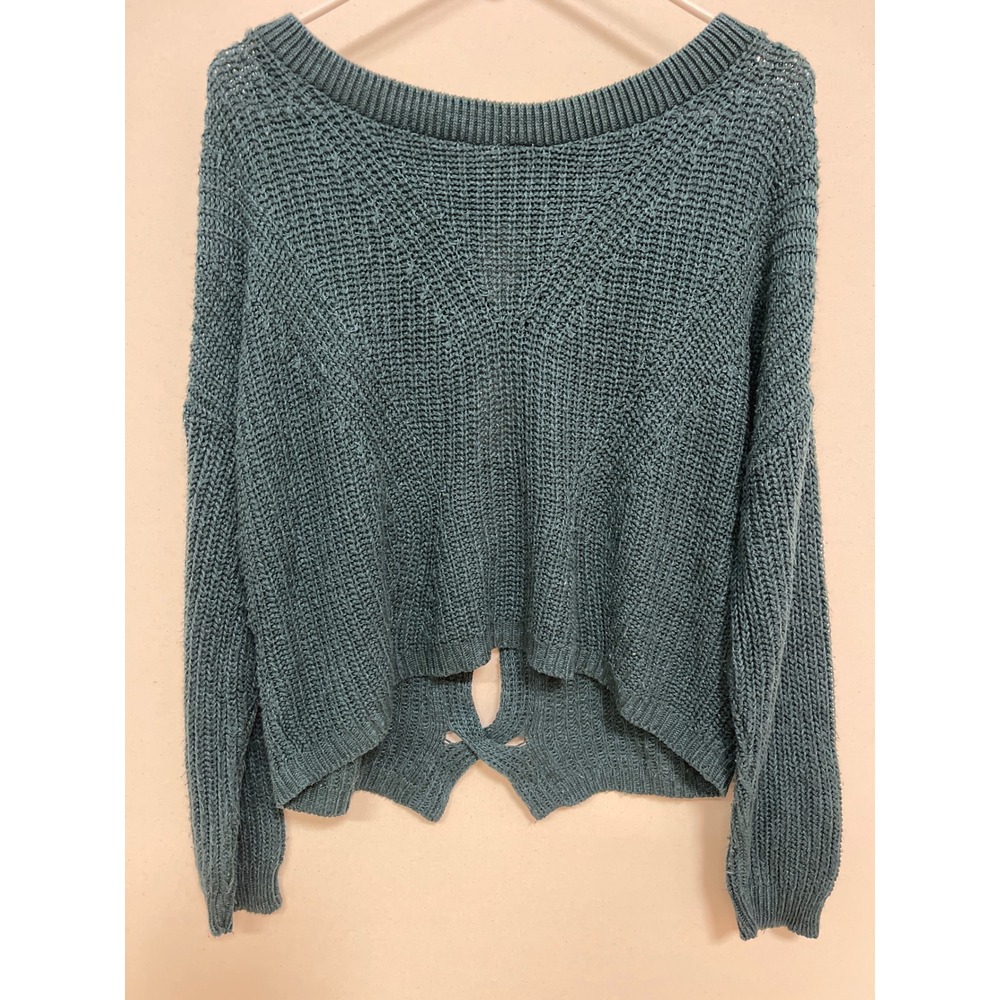Express Teal Green Waffle Knit Back Cutout Lattice Sweater Small